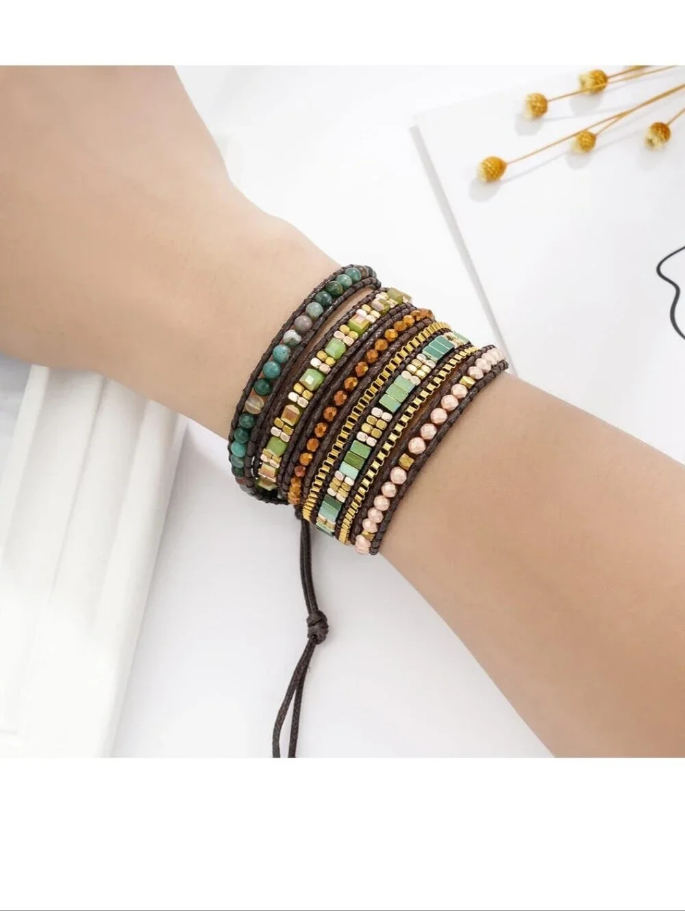 Multistrand Beaded Wrap Bracelet in Green and Gold